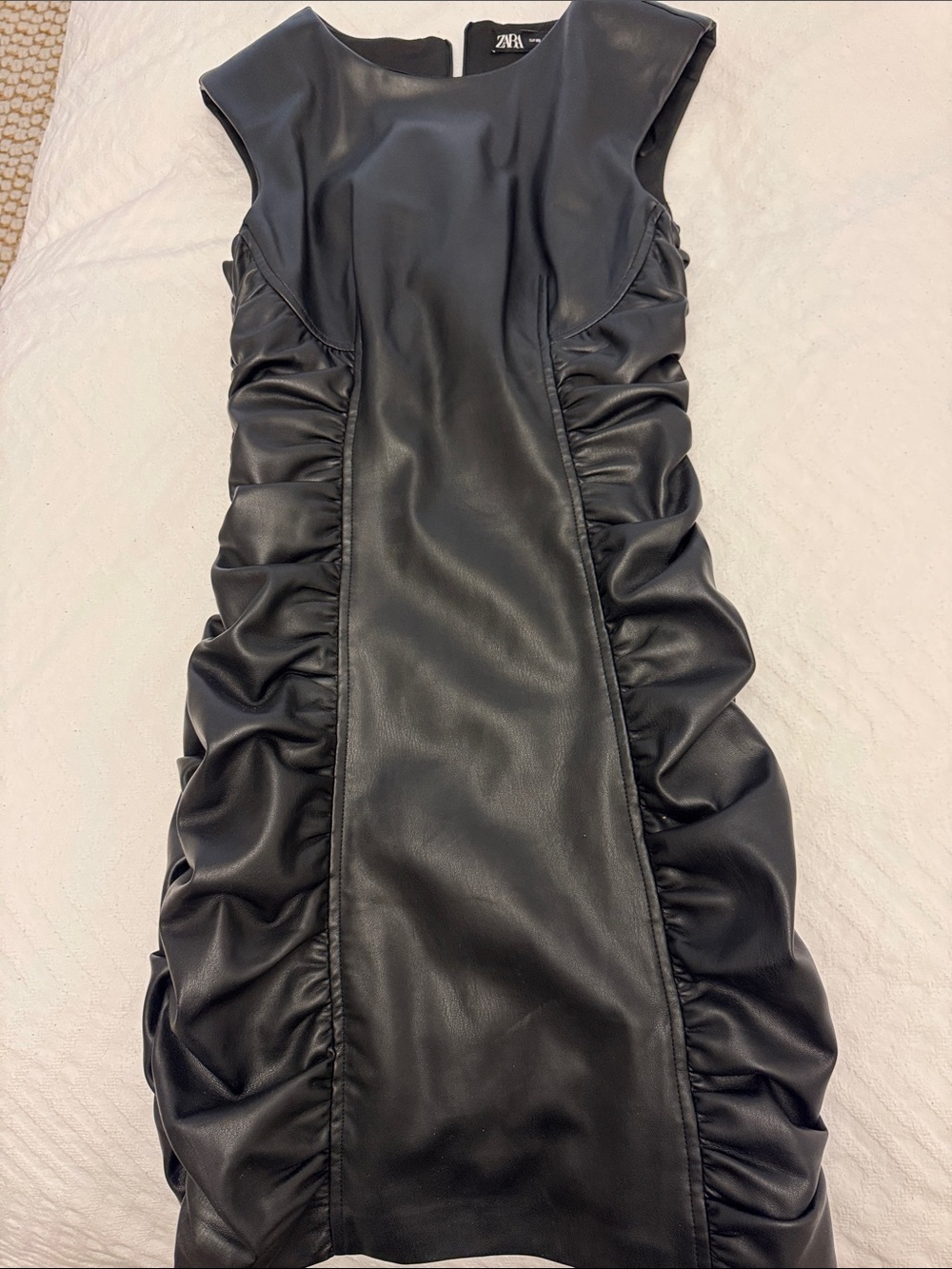 Zara Black Faux Leather Ruched Sheath Dress